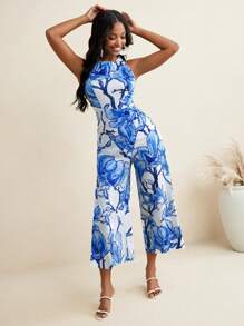 EBIB 蓝色花卉印花直筒半裹式系带连体裤女式夏季优雅连体裤