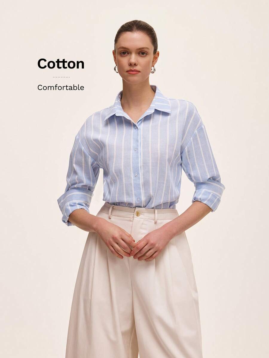 SHEIN Raffinéa Blue & White Striped Shirt, Comfortable For Commuting And Casual Daily Wear, Spring/Summer - Blue - View 1