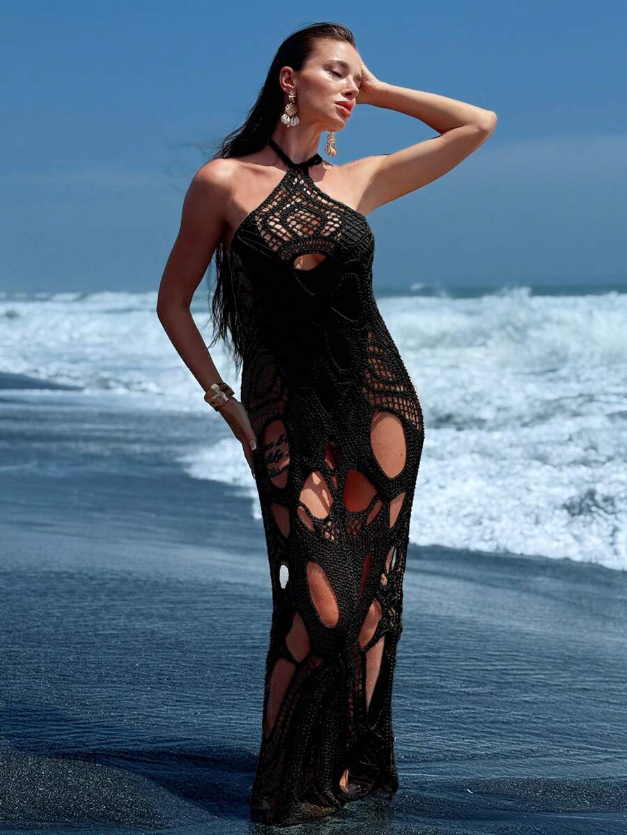 Swim SXY Springbreak Women's Elegant Black Crochet Mesh Knit Swimsuit Cover Up,Hollow Spaghetti Strap Sleeveless Summer Casual Beach Vacation Holiday - Black - View 1