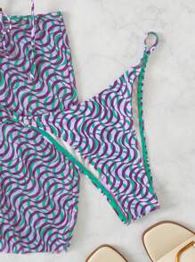 SHEIN Swim 4pcs/Set Vacation Beach Allover Print Bikini Swimsuit With Swimsuit Cover-Up, Skirt And Headband (Print Pattern Random) For Summer - Multicolor - View 8