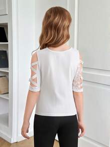 SHEIN Leap Crew Tween Girls Ribbed Knit Lace Patchwork Round Neck Criss-Cross Asymmetric Design Fitted T-Shirt - White - View 3