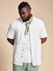 EASEVO Plus Size Woven Casual Short Sleeve White Shirt - White - View 3