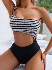 SHEIN Swim 1 pieza Traje de baño de una sola pieza con bloques de color texturizados y a rayas para mujer - Blanco y Negro - Ver 4