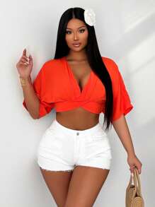 Zolique Women's Solid Color Short Sexy Backless Batwing Sleeve Shirt - Orange - View 4