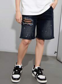 Denimly Boys' Outdoor Street-Style Fashion Versatile Casual Denim Shorts With Elastic Waist, Zipper, Distressed Holes, Acid Wash - Black - View 7