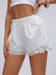 TRNVIE Shorts casuales de mujer de unicolor con cintura elástica y parches de encaje