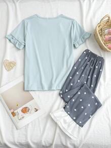 2pcs Girls Casual Sleepwear Set, Soft Cute Rabbit & Bear Graphic Tee With Ruffle Trim Crew Neck Short Sleeve Top And Ruffle Heart Print Long Pants, Light Blue And Dark Gray - Multicolor - View 2
