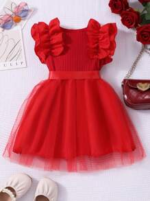 Glamorique Kids 婴幼儿女童盖袖罗纹网眼圆领公主夏装（配腰带）