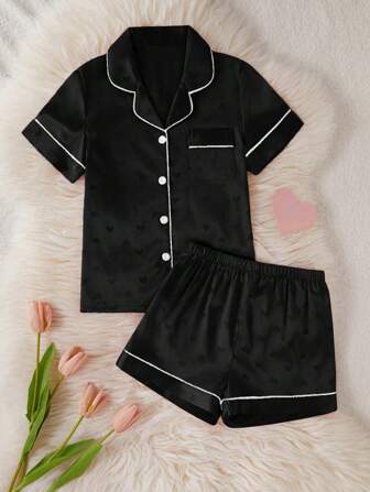 LuxeNights Girls Faux Silk Heart Jacquard Short Sleeve T-Shirt & Shorts Pajama Set