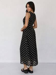Almamuse New Polka Dot Print Elegant Round Neck Sleeveless Chiffon Dress - Black - View 2