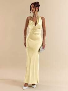 SHEIN BAE Spring/Summer Green Sexy Deep Draped Neck Metal Decor Open Back Extra Long Satin Mermaid Hem Dress, Bridesmaid Dress, Satin Dress, Sexy Dress,Butter Yellow Dress - Yellow - View 5