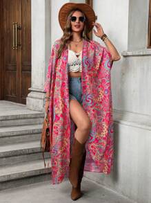 SHEIN LUNE Plus Size Women Retro Print Long Coat, Summer Beach , Tropical Printed Simple Daily Retro Printed Long Beach Coat , Mother Day - Multicolor - View 1