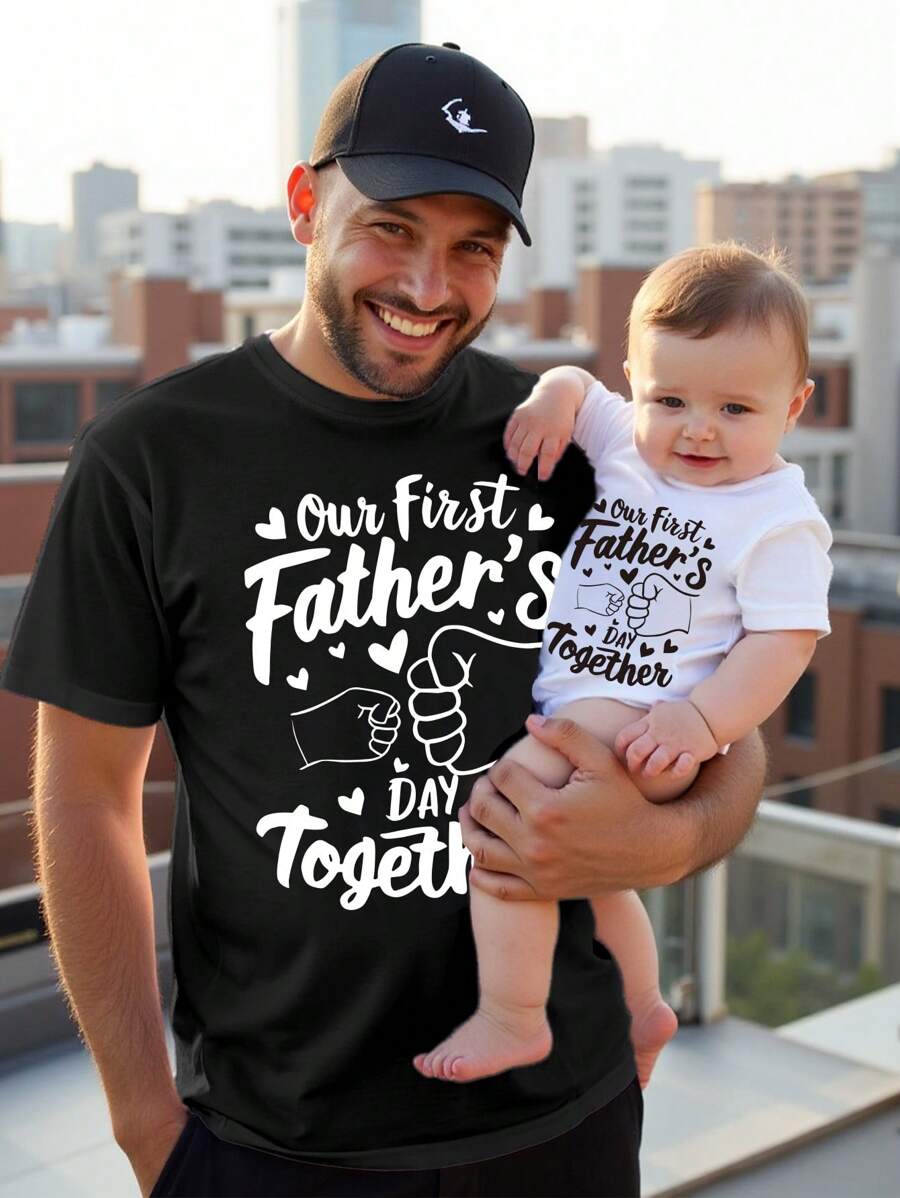 SHEIN 父亲节幼儿男童休闲时尚创意心形拳头字母印花圆领短袖连体衣,爸爸和我搭配的服装(2 件单独出售) - 白色 - 查看 1