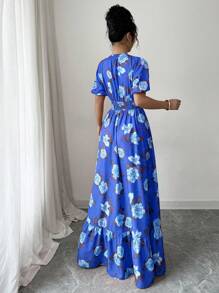 Elenzga Women Floral Print Deep Shirred Short Sleeve Super Long Dress - Dusty Blue - View 2