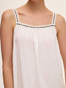 Chiquease Abito ampio a tinta unita retrò francese con ricami cavi, spalline a spaghetti e lacci sulla schiena, stile rilassato e nostalgico adatto per vacanze e tempo libero - Bianco - Visualizzare 5