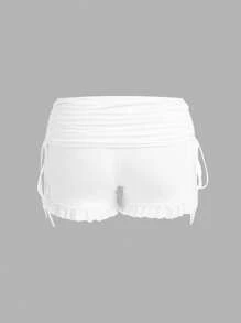 SHEIN ICON Slim Fit Drawstring Waist Foldable Lace Trim Decorative Casual Shorts, Comfortable - Black and White - View 4