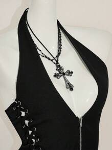 SHEIN ICON 夏季 Y2K V 领外出演唱会女士演唱会黑色哥特性感索环纯色时尚侧交叉带露背背心，夏季