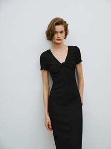 Lumivelle Vestido con cuello en V, torcido y de tela texturizada - Negro - Ver 6