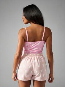 Missguided x Playboy Allover Bunny Print Cami Bodysuit Spaghetti Strap Athletic Loungewear Sleeveless Summer Jumpsuit Playsuit With Drawstring Shorts