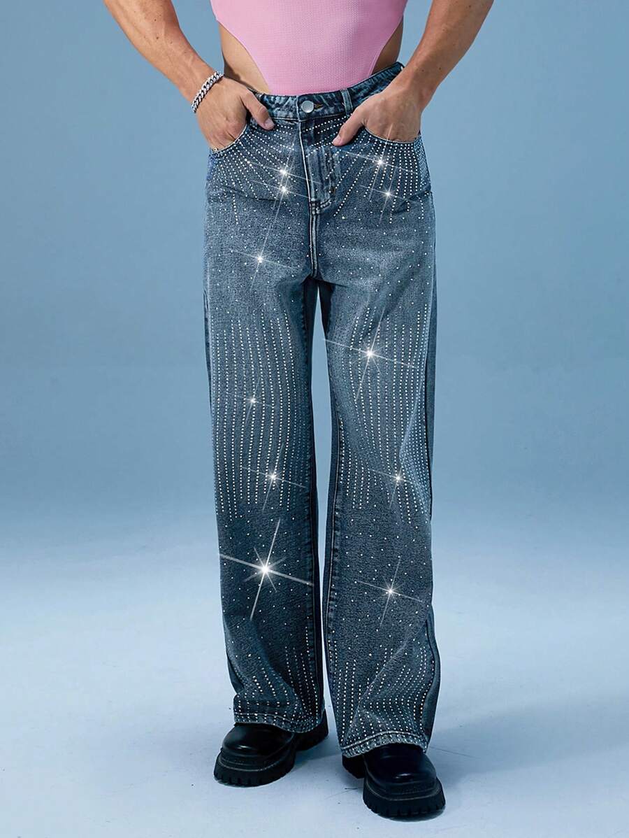 FeverCity Men's Fashion Rhinestone Embellished Wide Leg Straight Fit Jeans - Black - View 1