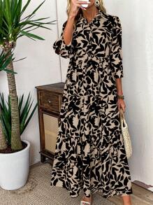 SHEIN Clasi 优雅花卉印花翻领衬衫裙，蓝白相间 - 彩色 - 查看 4