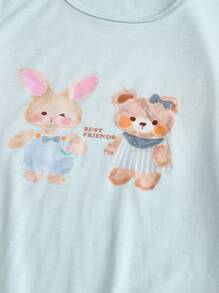 2pcs Girls Casual Sleepwear Set, Soft Cute Rabbit & Bear Graphic Tee With Ruffle Trim Crew Neck Short Sleeve Top And Ruffle Heart Print Long Pants, Light Blue And Dark Gray - Multicolor - View 9