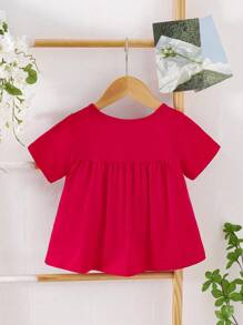 SHEIN Baby Girl Casual Simple Comfortable Round Neck Short Sleeve Colorblock Bow Decor T-Shirt - Red - View 2