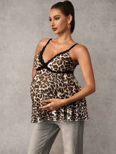 MaterniChic Maternity Summer Leopard Print Patchwork Lace Camisole  Summer Clothes