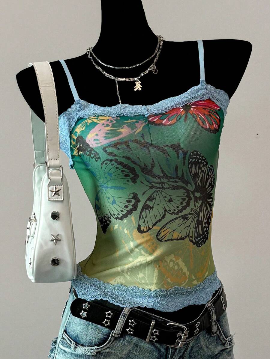 Muchica 夏季乡村音乐会图案女式印花网眼吊带背心 - 藍色 - 查看 1