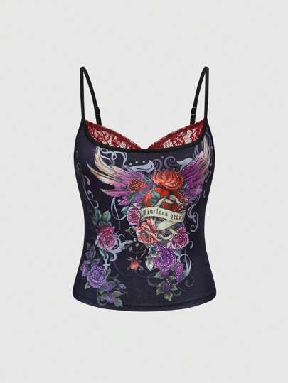 J-Fashion Top corto reversible estilo parche con rosas y alas, estilo Harajuku Y2K