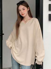 DAZY Women Solid V-Neck Drop Shoulder Long Sleeve Casual Loose T-Shirt Womens Waffle Knit Top Womens Knit Top Waffle Top Solid Color Top Womens Sweater Top