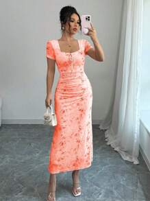 Elenzga 女士精致优雅性感情人节粉红玫瑰印花网眼方领蝴蝶结裹身褶饰紧身连衣裙，春夏