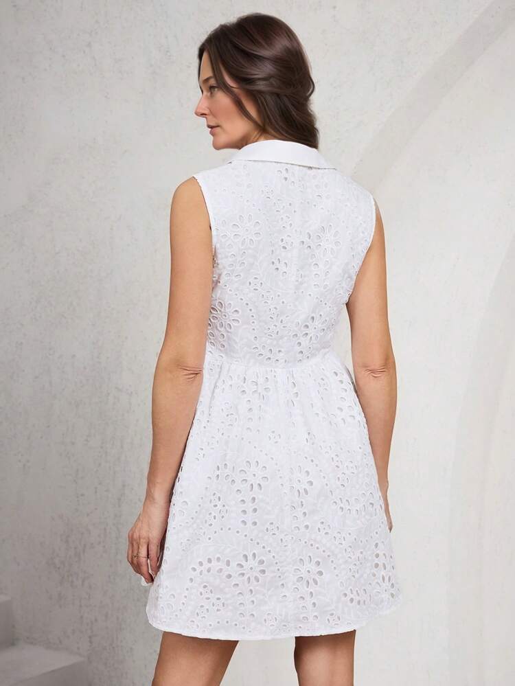 Women Summer Casual Hollow-Out Embroidery Sleeveless Mini Dress