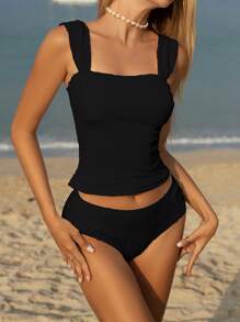 Swim Vcay 2pcs Women Summer Beach Jacquard Textured Fabric Swimsuit Set - Black - View 6