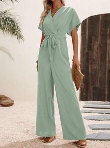 SHEIN Clasi Women Summer Casual Solid Color V-Neck Jumpsuit