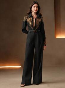 Anewsta Elegant "Old Money" Women's Fashion Western-Style Long Sleeve Blouse With Pearl Embroidery & Cutout Details - Black - View 7