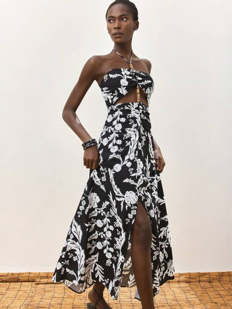 SHEIN Maija 여성용 플로럴 프린트 홀터넥 백리스 미니 드레스