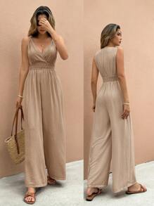 SHEIN Frenchy Women's Solid Color Overlapping V-Neck Waist Lace Splice Wide-Leg Sleeveless Jumpsuit