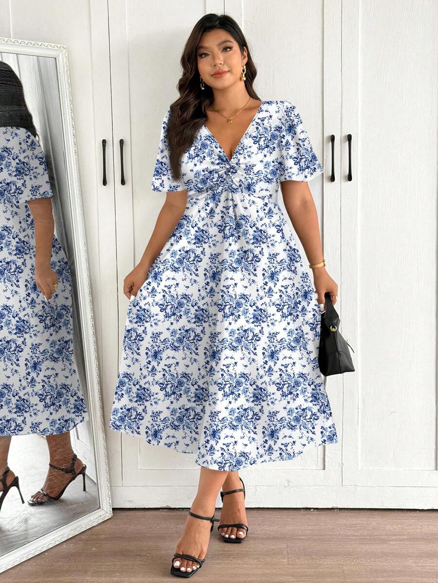 SHEIN Frenchy Plus Size Casual & Versatile Summer Fresh Blue Ditsy Floral Dress, Suitable For Music Festival & Vacation,Sun Dresses For Women - Blue - View 1