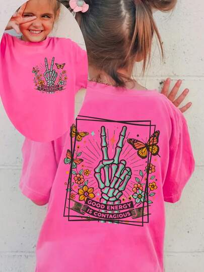 SHEIN GraphicGems Young Girl' Casual Fashion Comfortable Minimalist Butterfly Skull & Floral Letter Print Short Sleeve T-Shirt Summer Holiday