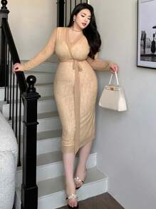 Dazy Plus Plus Size Textured Fabric V-Neck Bodycon Tie-Waist Split Midi Cocktail Dress,Fall Dress Long Sleeve Dress - Khaki - View 5