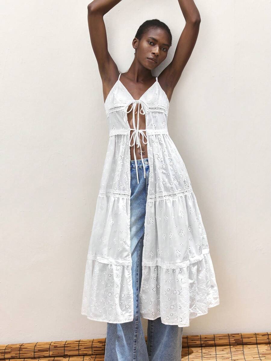 Maija Women's White Embroidered Camisole Top, V-Neck Adjustable Spaghetti Strap, Casual Beach Vacation Long Tank Top, Summer - White - View 1