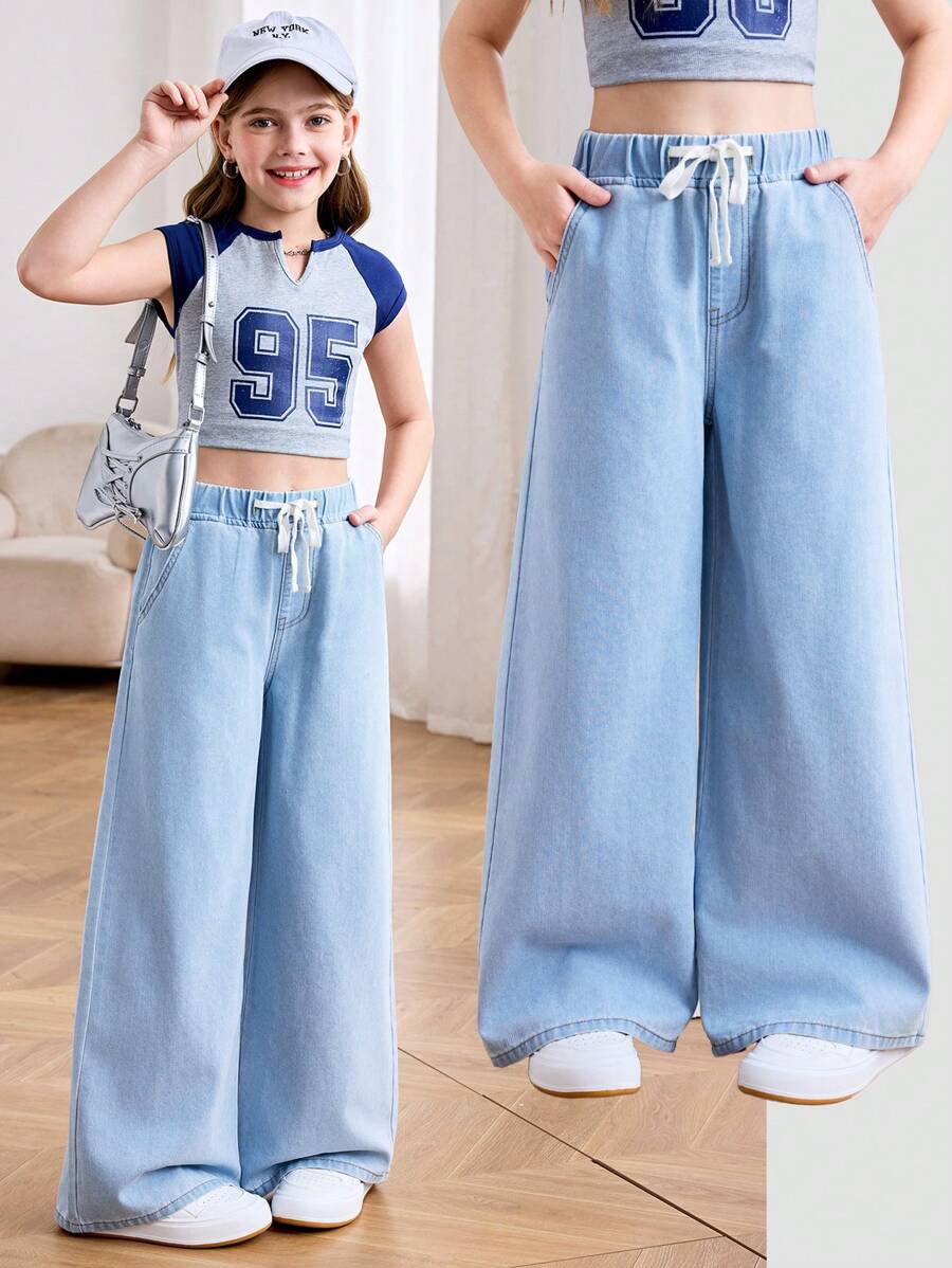 SHEIN Tween Girl Summer Light Washed Drawstring Waist Wide Leg Casual Wide Leg Jeans For Daily Wear, Summer Stretchy Waist Comfortable Wide Leg Pants, Summer Beach Boho Vacation Casual, Rave Concert Festival - Light Wash - View 1