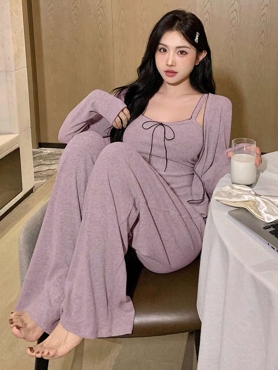 DAZY 3pcs/Set Wave Trim Decor Bowknot Camisole Top & Straight Hem Pants & Open Front Top Lounge Set, Cozy Outfits, Fall Winter Clothes - Purple - View 1