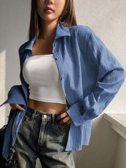 DAZY Camisa holgada de manga larga y unicolor casual para mujer, ropa de otoño