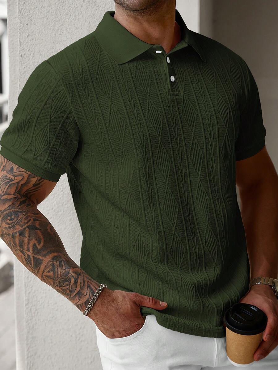 Manfinity Homme 大尺碼男士紋理短袖休閒通勤 Polo 衫，正式款 - 綠色 - 查看 1