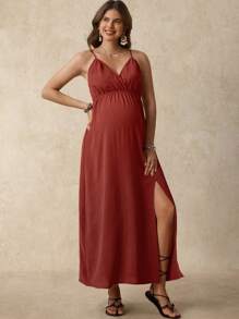 Boho Mama Maternity Solid Color Slit Up To Thigh Cami Dress Vacation Outfits  Birthday Dresses For Maternity Summer - Rust Brown - View 5