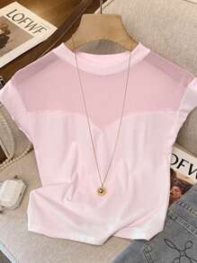 Chiquease 法式性感透明网眼拼接短袖T恤女款，夏季 - 淺粉色 - 查看 3