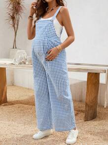 SHEIN Gasaul 度假格子阔腿孕妇连体裤 - 藍色 - 查看 3