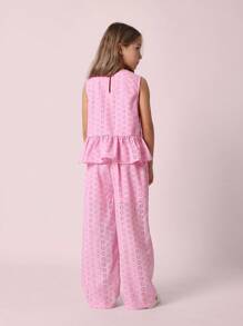 SUMWON Schönes Set aus Peplum-Top mit Broderie Anglaise und weiten Hosen für Sommer, Urlaub, Strandresort, Festival, festliche Anlässe - Pink - Übersicht 2